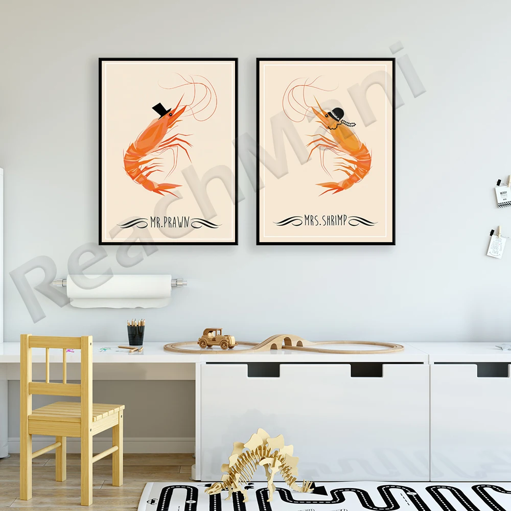 

Shrimp girl and shrimp girl food art, seafood seafood restaurant decoration typographic poster medieval sea life colorful poster