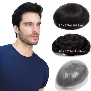 Parrucchino per capelli in pelle ultra sottile per uomo Sistema di sostituzione dei veri capelli umani Parrucchino completo da uomo in PU per uomo