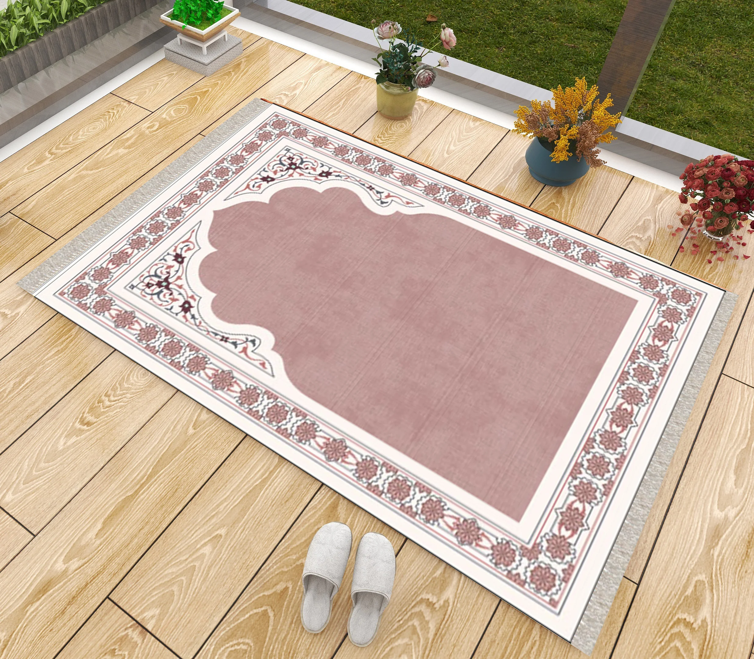 Luxury Thick Prayer Rug Beige Pink Vinatage Modern Muslim Eid Ramadan