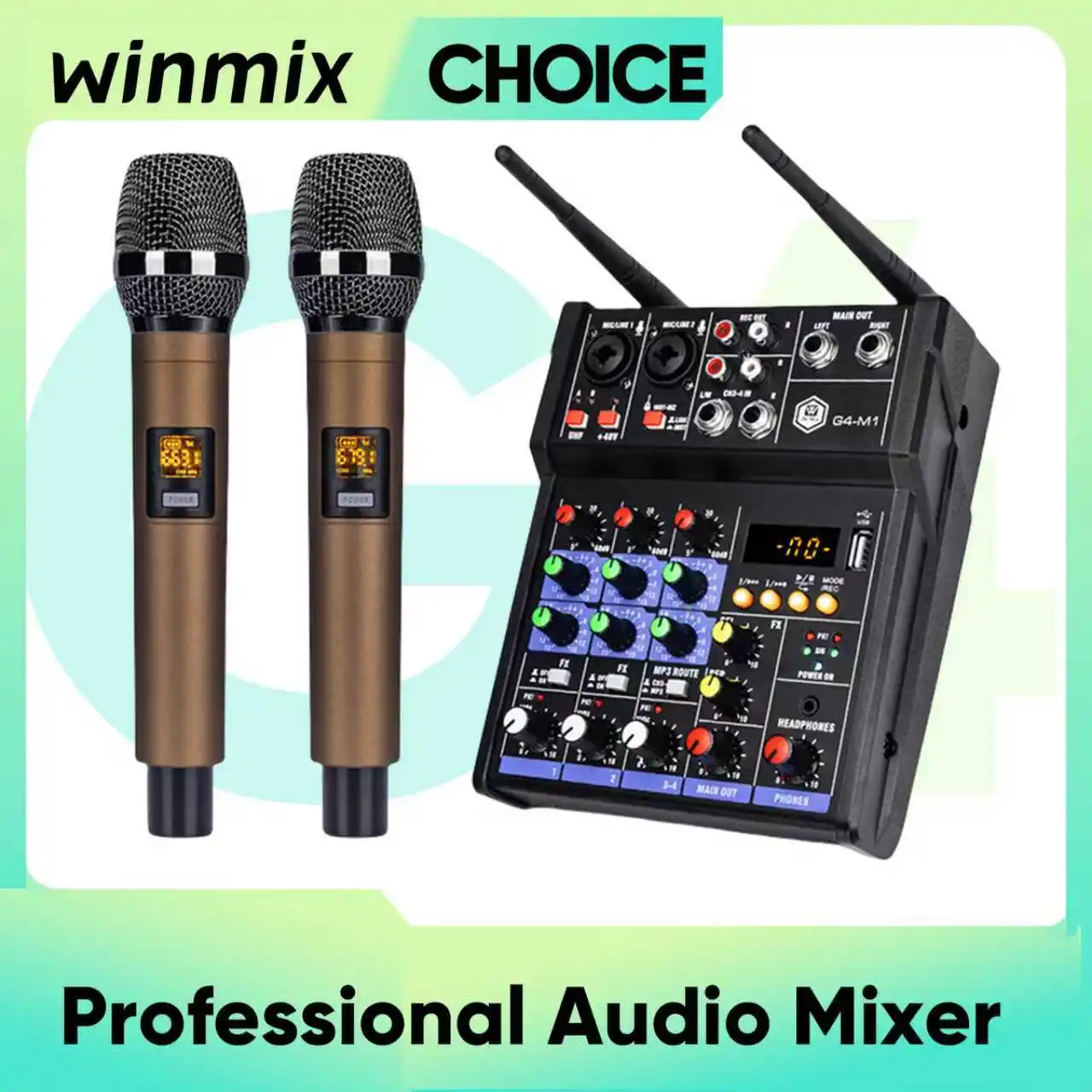 Winmix 4-Channel Audio Mixer Console with UHF Wireless Microphone Kit Bluetooth USB Audio Interface,for DJ Karaoke PC Guitar