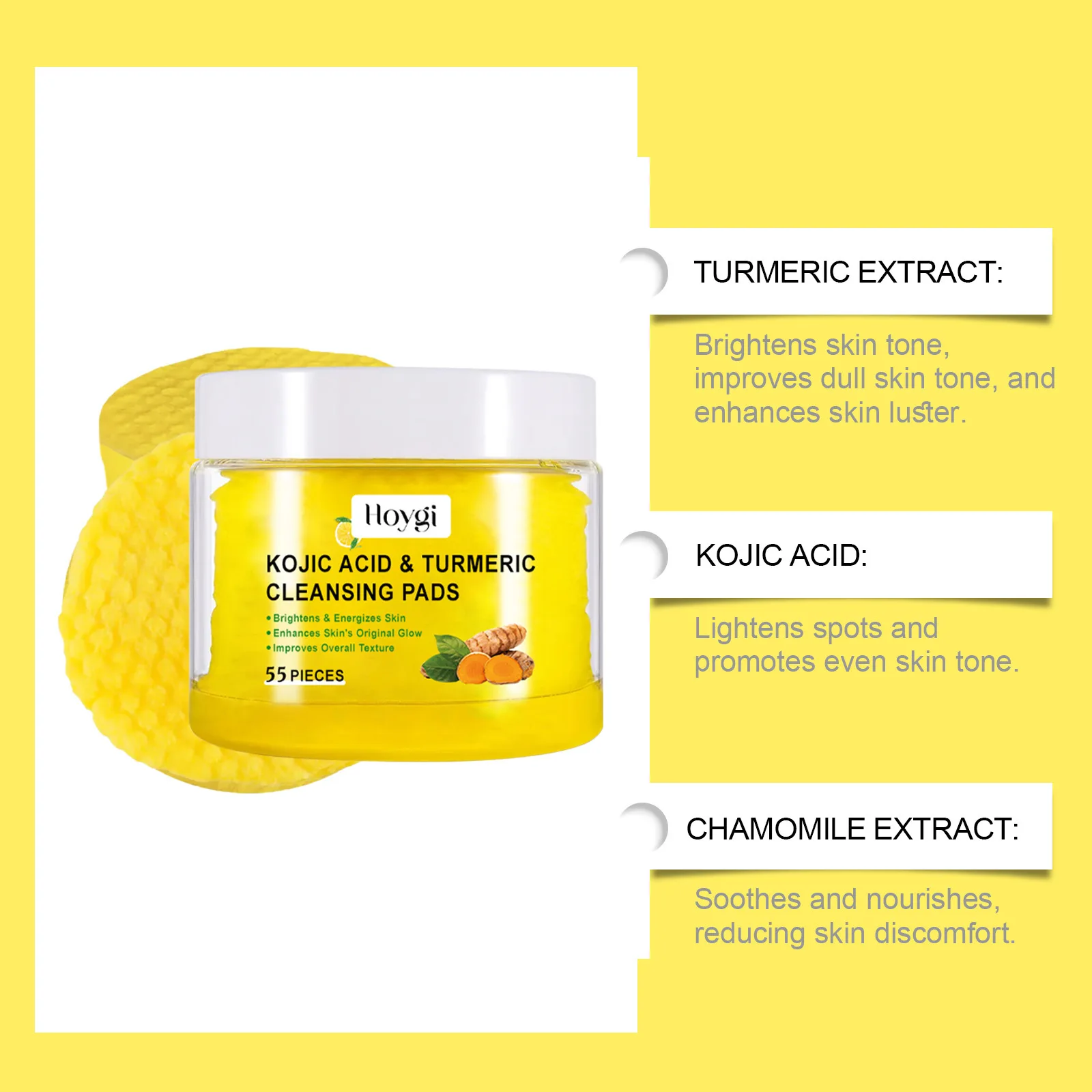 Hoygi 55pcs Turmeric Cleansing Pads Facial Exfoliating Daily Cleansing Remove Dead Skin Smooth Shrink Pore Face Washing Pads 4
