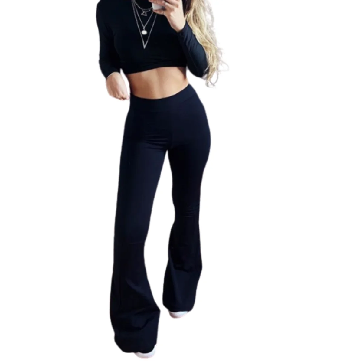 Calça Flare Preta Bailarina Boca De Sino Suplex Cintura Alta