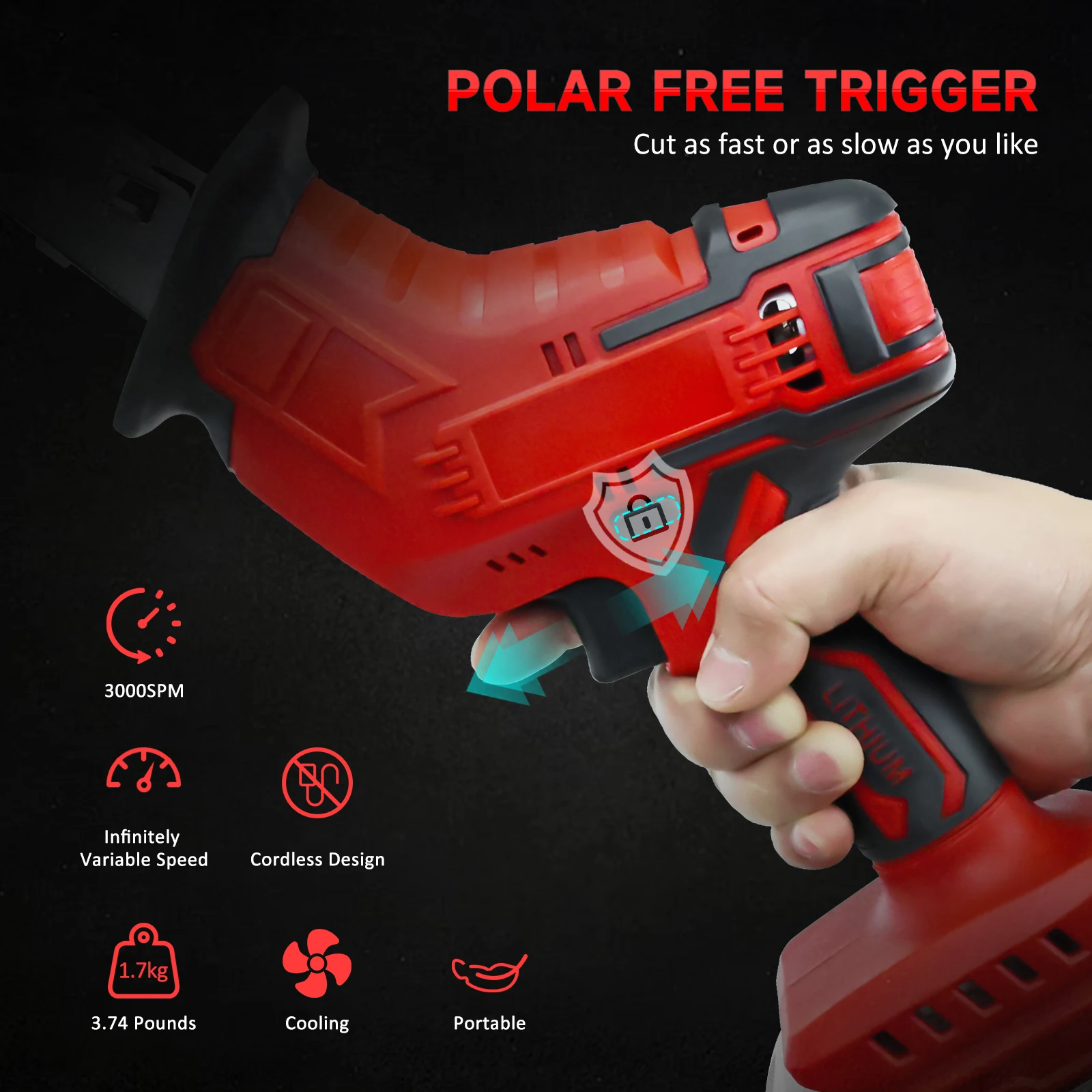 Electric Reciprocating Saw 0-3000SPM Cordless Saber Saw Woods Metal Plastic Cutt