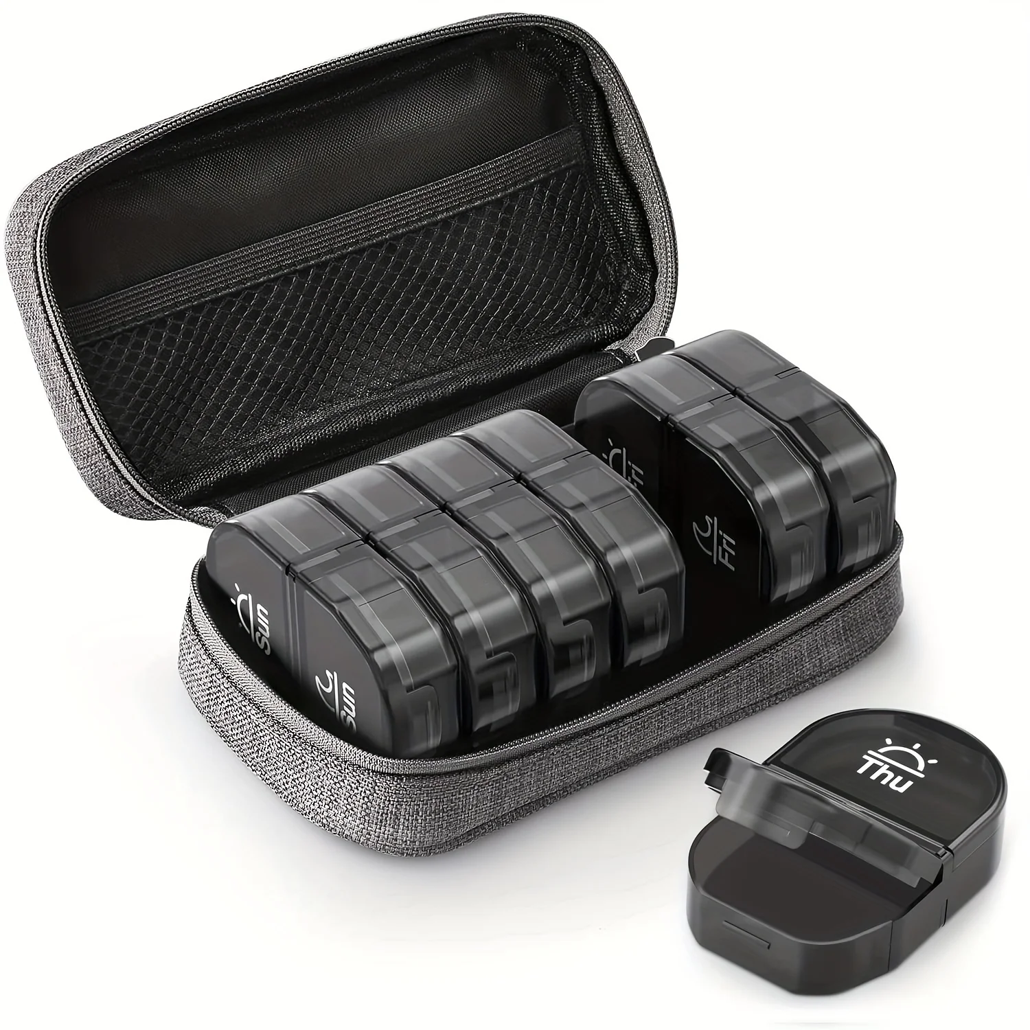 Travel Canvas Bag Pill Organizer with Large AM/PM Weekly Compartments - Portable 7-Day Case with Black Zipper Pouch