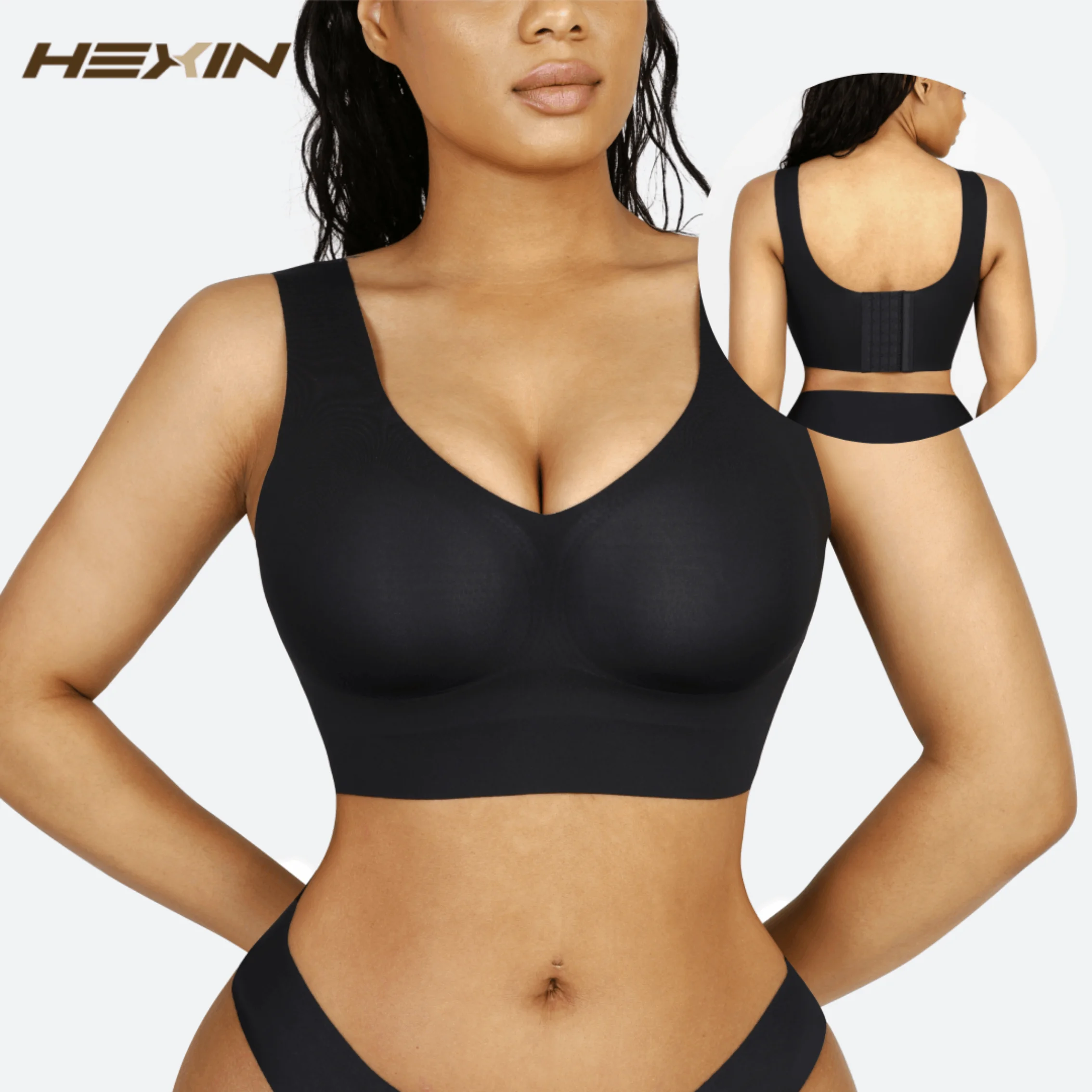 Women Fitted V-Neck Seamless Bra Tank Top Built-in thin Bra Cup