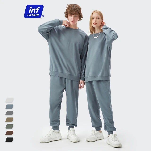 INFLATION Couple Matching Tracksuit Set Mens Grey Jogging Suits 2023 Spring  Blank Oversized Sweatshirt Pants Set