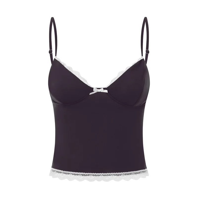 y2k Lace Trim Crop Top Women Summer Sexy V Neck Spaghetti Strap Sleeveless Tanks with Bow 2000s Clothing Streetwear