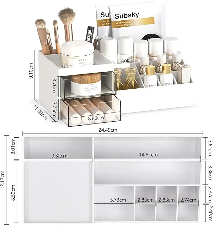 Multi-drawer makeup organizer. White plastic design for brushes and cosmetics. Fits countertops or vanities. 2