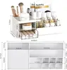 Multi-drawer makeup organizer. White plastic design for brushes and cosmetics. Fits countertops or vanities. 2