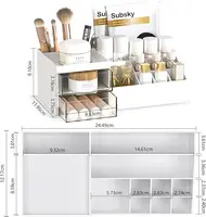 Multi-drawer makeup organizer. White plastic design for brushes and cosmetics. Fits countertops or vanities. 2