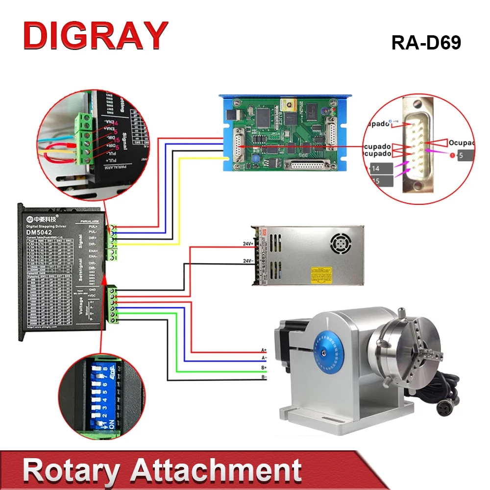 DIGRAY 파이버 레이저 마킹 링 로터리 부품(드라이버 작업대 직경 3-91mm) 레이저 각인 D69 로터리 어태치먼트