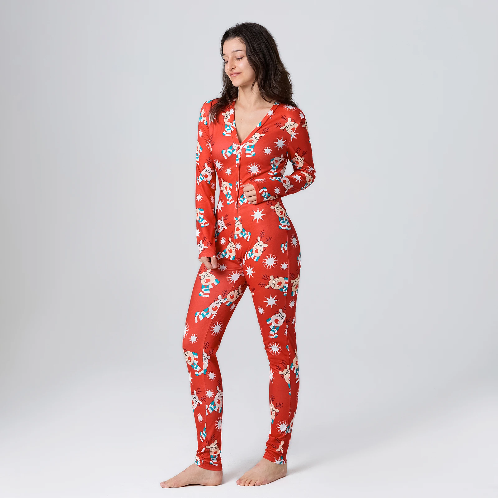 Women Pajamas Jumpsuit Buttons V Neck Long Sleeve Christmas Cartoon Printed Sleepwear Home Wear S/M/L/XL/XXL