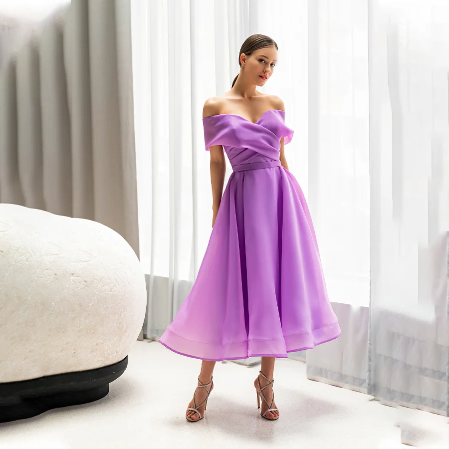

Women's Elegant Tulle Formal Party Dress with Off-the-Shoulder Straps Delicate Pleated Tea-Length Prom Dress with Lace-up Back