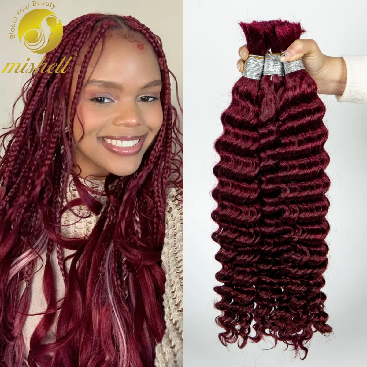 

Burgundy 99J 1 3 4 Bundles Curly Braiding Hair 26 28 Inch Deep Wave Human Hair Bulk for Braiding No Weft 100% Virgin Hair