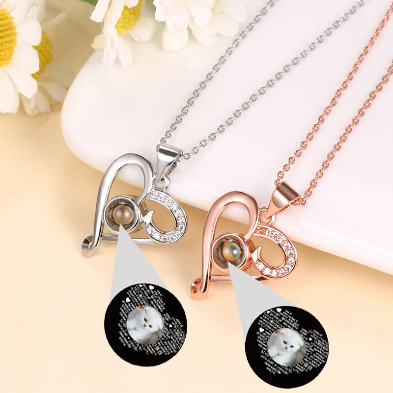 Custom Photo Projection Necklace For Women Personalized Heart Pendant with Zircon Customized Valentine's Day Gifts To Lovers