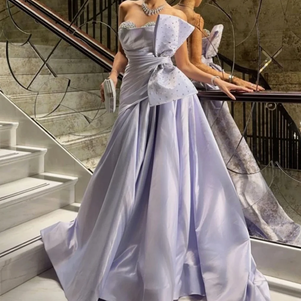 

Exquisite Strapless A-line Prom Dresses Bows Paillette / Sequins Taffeta Floor length Open back Evening vestidos