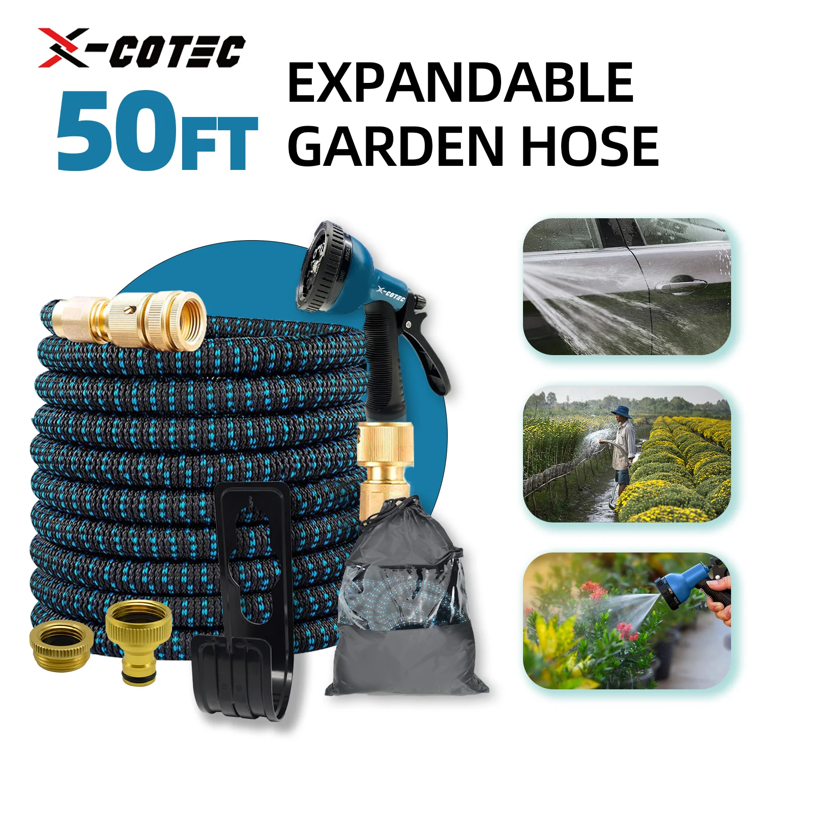 X-COTEC Extensible Garden Hose, Flexible Water Hose, 15m/50FT, 10 Functional, for Garden, Farm