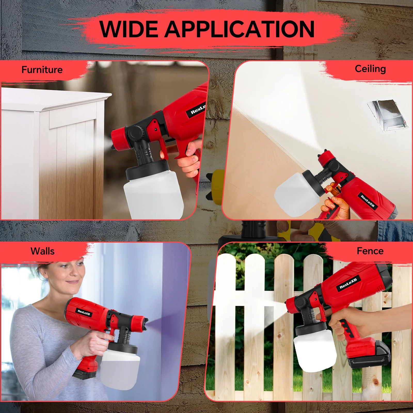 800ML Electric Spray Gun Cordless Paint Sprayer Auto Furniture Cabinets House Pa