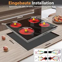 Cooksir Table de cuisson en céramique et verre 4 assiettes, plaque de cuisson intégrée de 60 cm, auto-suffiante, 6000 watts, cadre en acier inoxydable, 220 V, sans prise 6