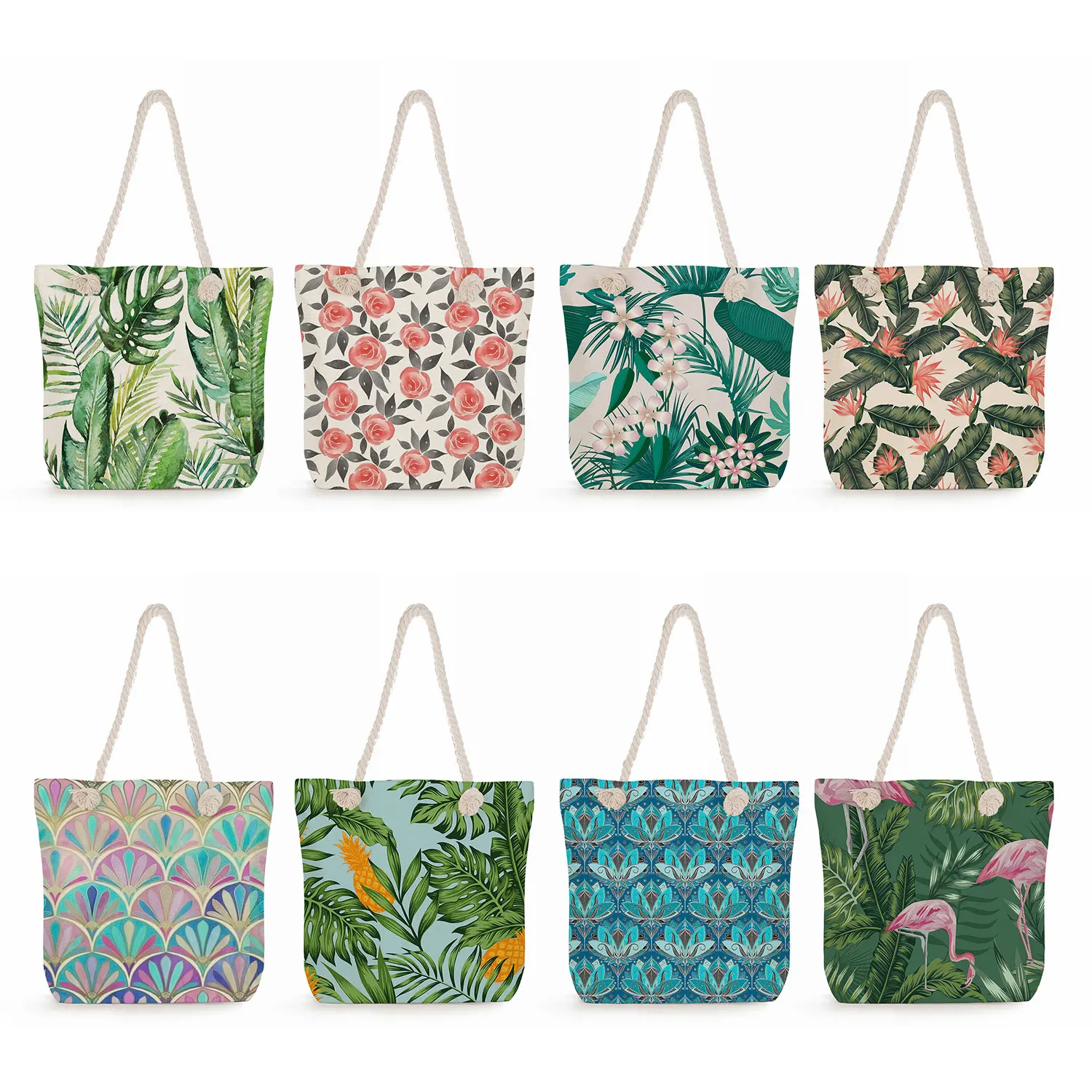 

Beautiful Green Leaves Flamingo Large Capacity Shopping Shoulder Bags Thick Rope Tote Beach Bag Flower Plant Print Women Handbag