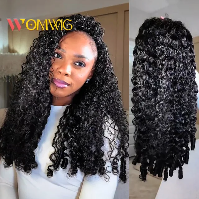Demi-perruque bouclée birmane en cheveux humains bruts, sans colle, 3-en-1, avec cordon de serrage et clips, demi-perruques bouclées profondes à retourner 1