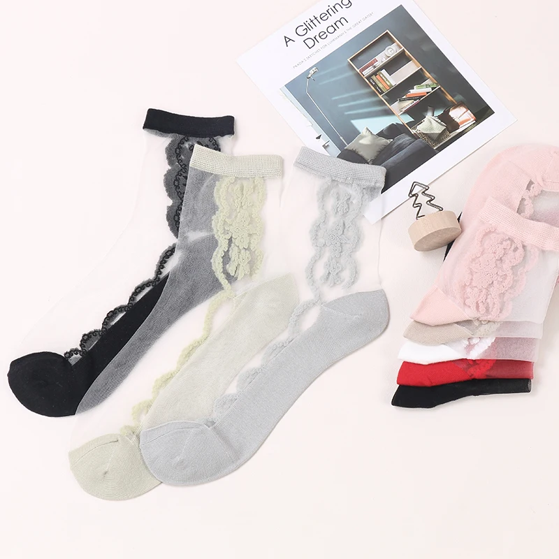 

DONG AI 1 Pairs Summer Women Female Thin Crystal Glass Silk Sock Transparent Elastic Socks Fashion Stretch Ultrathin Flower Sox