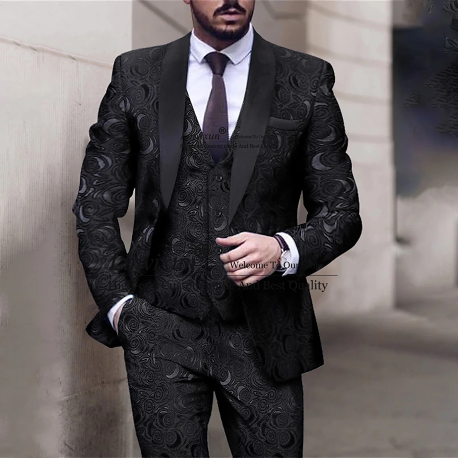 

Black Jacquard Patterned Men's Wedding Suits Shawl Lapel Groom Tuxedos 3 Pieces Sets Bridegroom Prom Blazers Slim Costume Homme