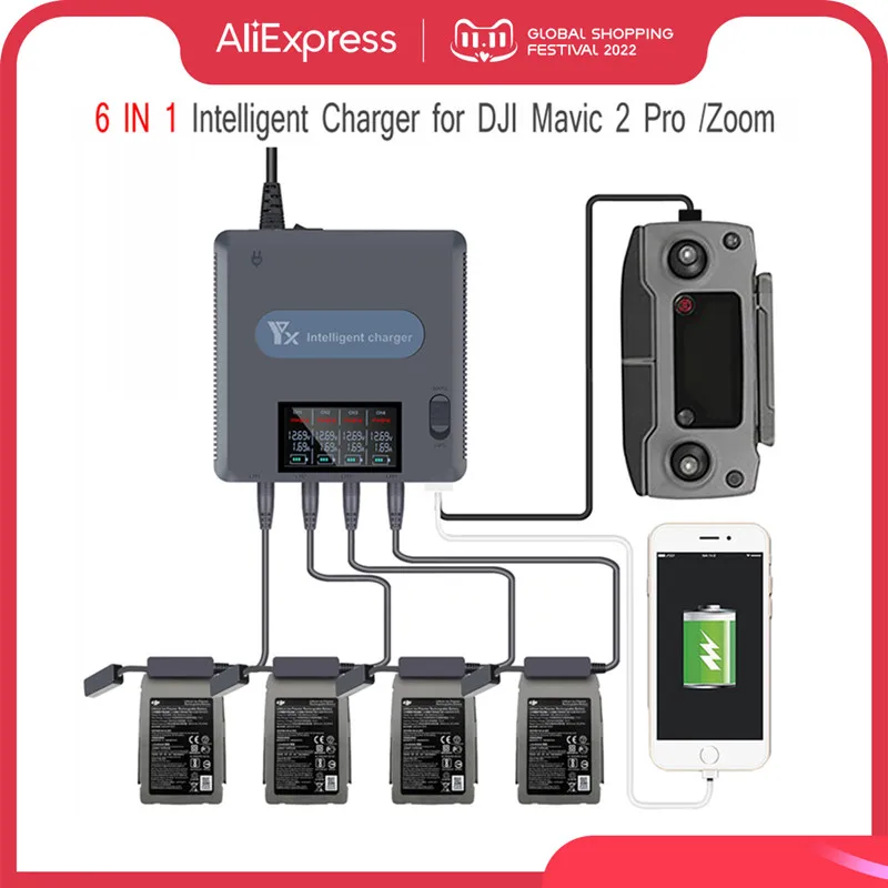 Drone Battery Charger 6 in 1 Digital display Battery Charger for DJI Mavic 2 Pro Zoom Drone Battery Charging Hub Fast Smart Charger with USB