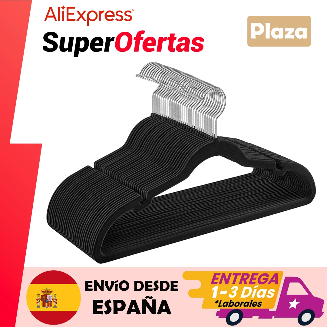 Perchas de Terciopelo para Trajes, Hombros con Muescas, Antideslizantes para Chaquetas, Camisas, Pantalones, abrigos，Gancho Giratorio de 360°, Pack 10/20/30/50/100 Unidades Color Negro