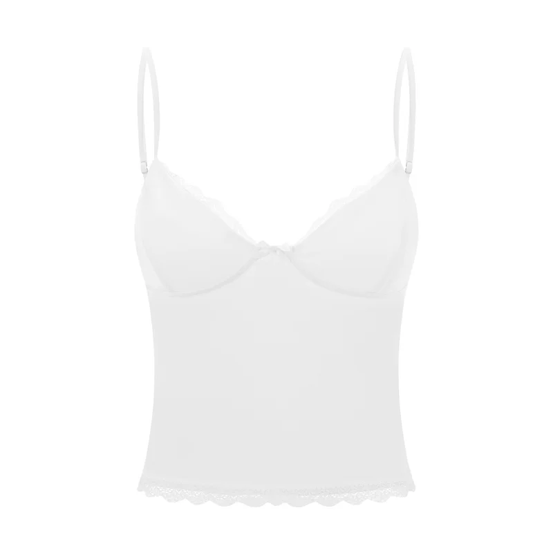 y2k Lace Trim Crop Top Women Summer Sexy V Neck Spaghetti Strap Sleeveless Tanks with Bow 2000s Clothing Streetwear