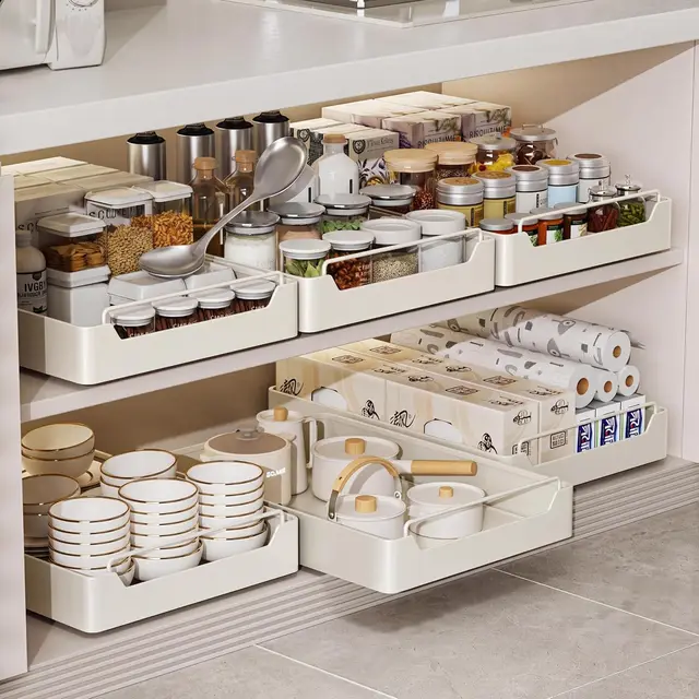 Heavy Duty Extractable Kitchen Organizer, Soft Close, Low Noise, No Drilling, Ideal for Spices, Cans, Cabinets, Bathroom Sinks, White Drawer Storage Box 25x43cm 1