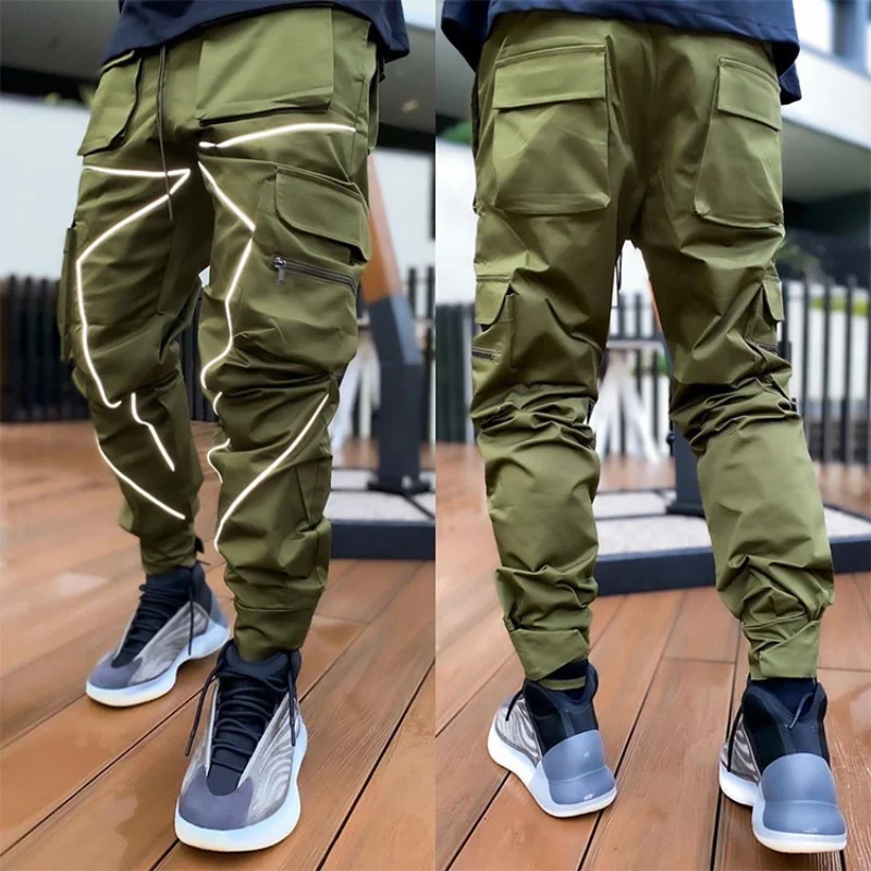 Large Pocket Loose Overalls Men's Outdoor Sports Jogging Tactical Pants Elastic Waist Pure Cotton Casual Work Pants