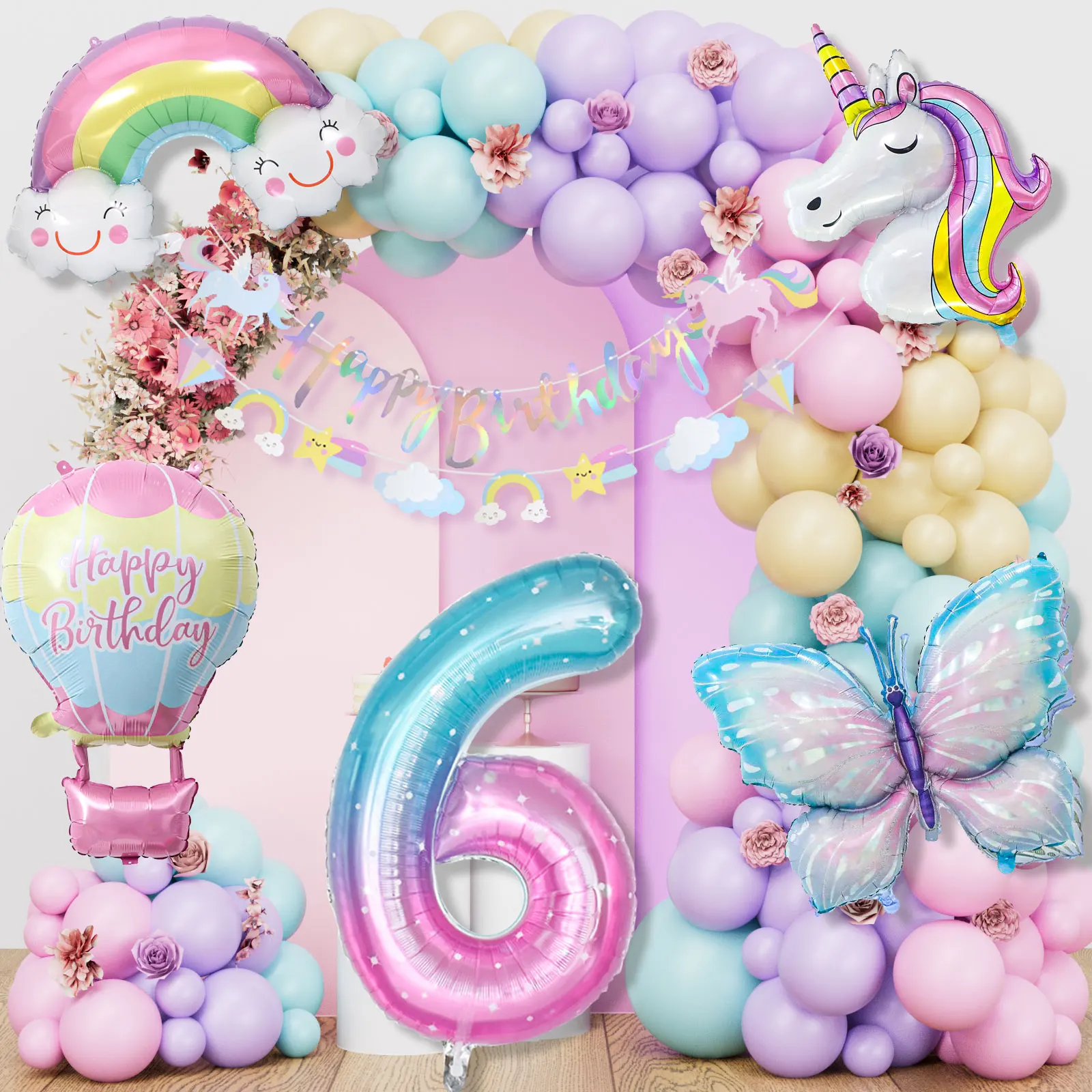 여아용 유니콘 생일 장식, 나비 유니콘 풍선, 6 세