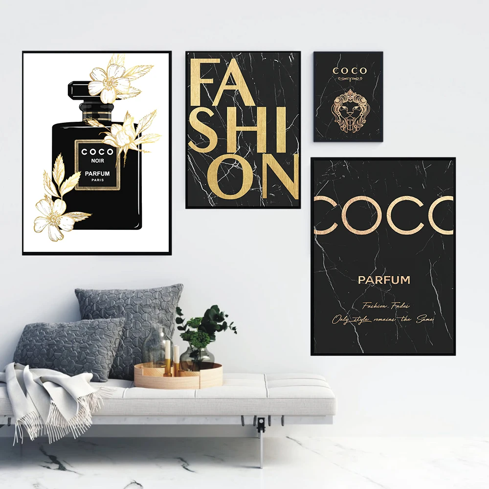 Fashion Coco Quote Poster Marble Texture Golden Flower Perfume Bottle  Canvas Painting Modern Wall Picture Living Room Home Decor