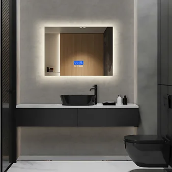 Anajqaqia Specchio da bagno 50x70 cm con illuminazione a LED, con 3 luminosità regolabili, display della temperatura e antiappannamento, rettangolo 1
