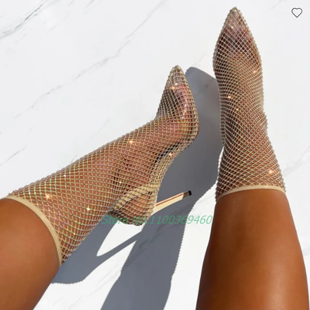 Crystal Mesh Pointed Toe Sandals Ankle Boots Stiletto High Heel Slip On Yellow Solid Sexy Luxury Women Shoes Summer Hot Selling
