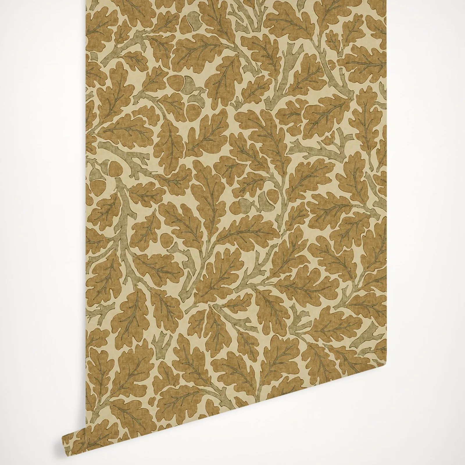 Orkney Oak Wallpaper com Amarelo Ouro Botânico Ocre Folhas Atender a Terra Creme Neutro Voltar