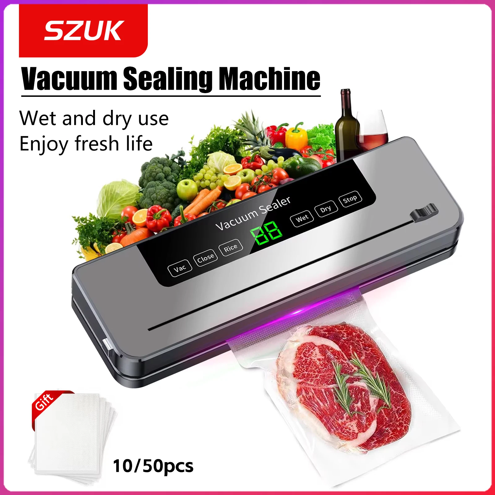 SZUK Vacuum Sealer NEW for Home Vacuum Packaging Machine, UV Digital Display Dry Wet Kitchen Food Sealer Built in Cutter