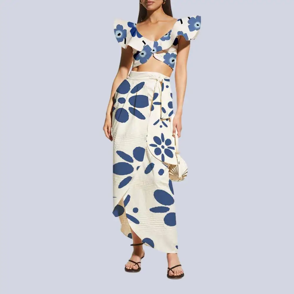 Solid Ruffled Swimsuit and Beach Skirt Two Piece High Waist Printed Bikini Vintage High Waist Cut Backless Beachwear 2022 Fashio