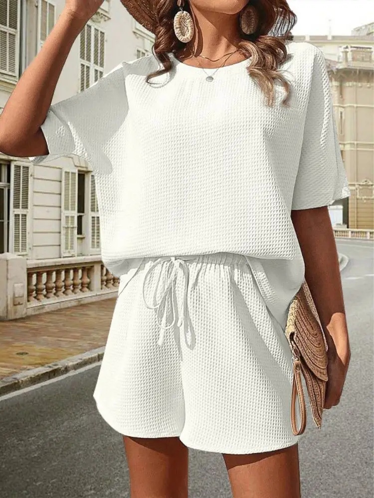 Women Frenchy Solid Waffle Knit Blouse & Knot Front Drawstring Shorts Solid Waffle Two-piece Set Crew Neck Short Sleeve Tee & Sh