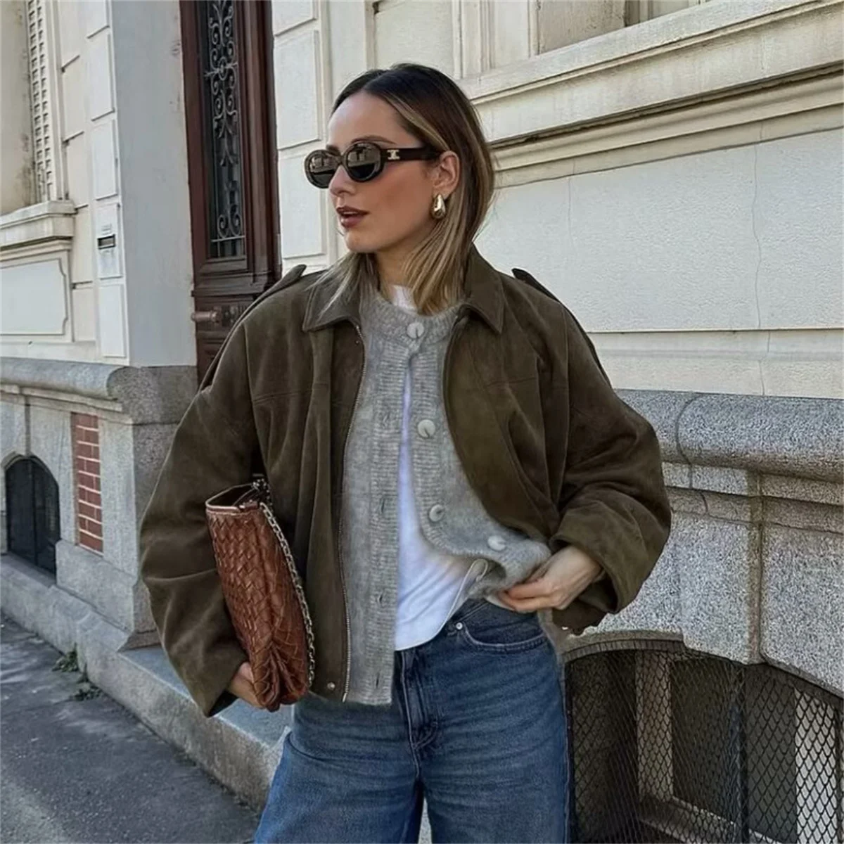 Women's Army Elegant Bomber Jackets Coats Fashion Turn-down Collar Long Sleeve Loose Coats Vintage Female Outerwear Chic Tops - 3