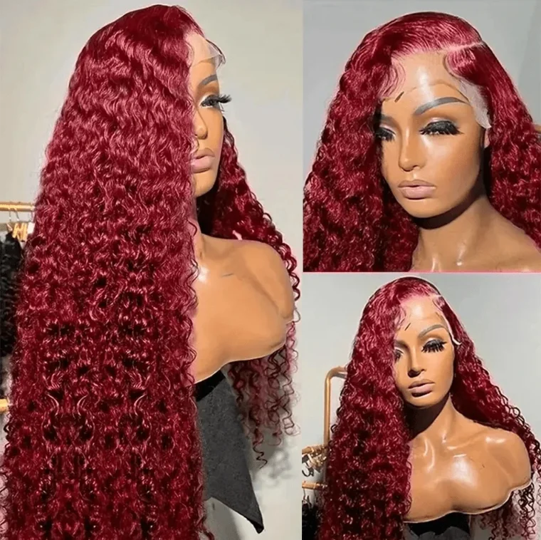 Burgundy 30Inch Jerry Curl 99J Lace Front Wigs Human Hair Wigs 13x4 HD Lace Front Wigs Human Hair Pre Plucked Burgundy Wig 4