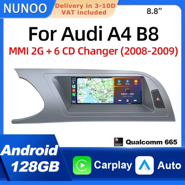 Écran tactile Android Auto sans fil CarPlay pour Audi A4 B8 2008 2009 MMI 2G Radio Systèmes multimédias intelligents Navigation 1