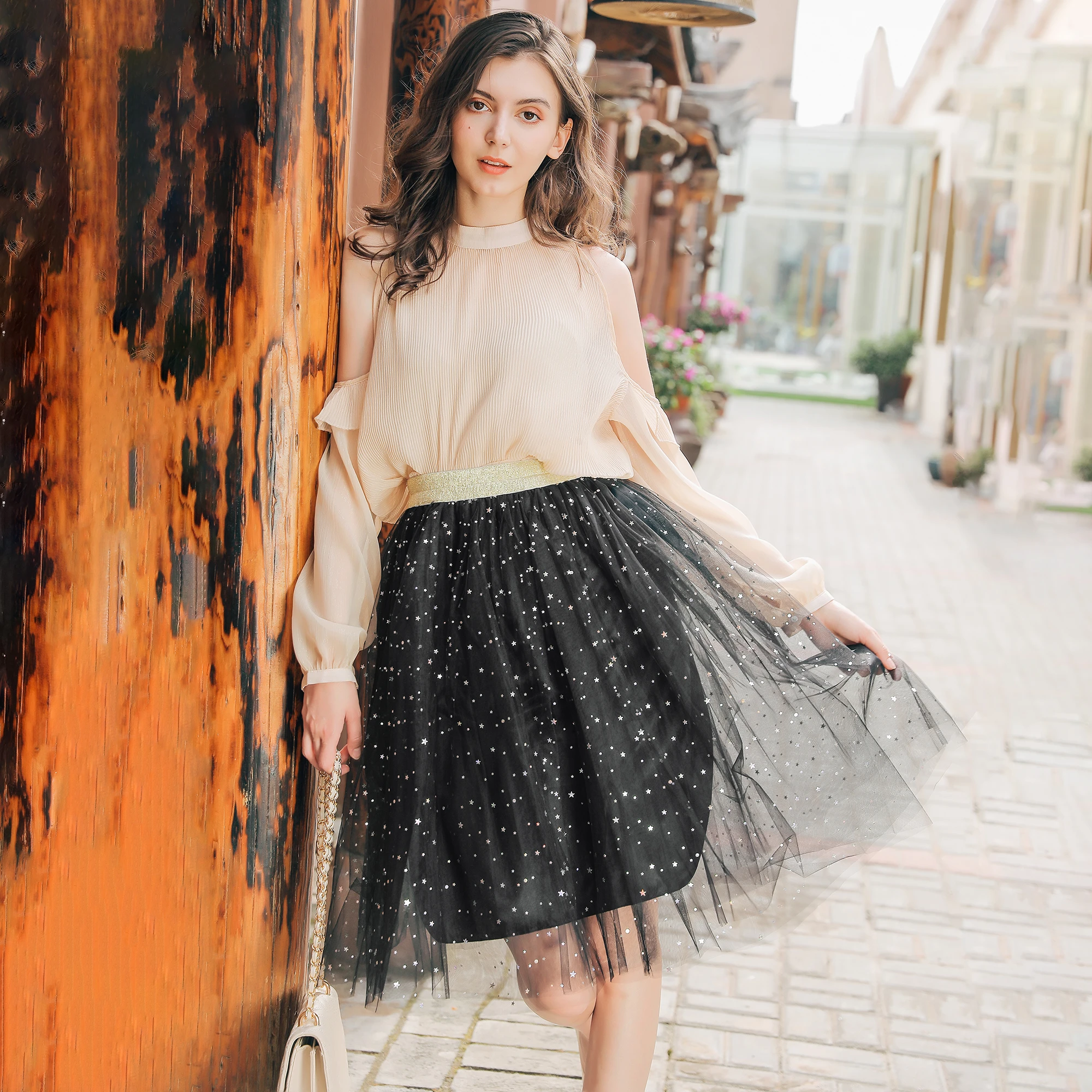 Falda de tul de capas con lentejuelas para mujer, tutú de baile con purpurina y estrellas, de encaje, de gasa, para verano|Faldas| -