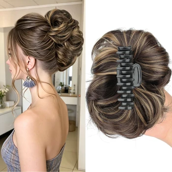 Chignon sintetico da 8 pollici con clip a griffe, effetto disordinato, ondulato, a ciambella, per donna