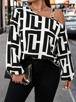 plus Size Fashion Geometric Print Top Metal Ring Buckle One Shoulder Design Long Sleeve Women's Shirt