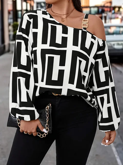 plus Size Fashion Geometric Print Top Metal Ring Buckle One Shoulder Design Long Sleeve Women's Shirt