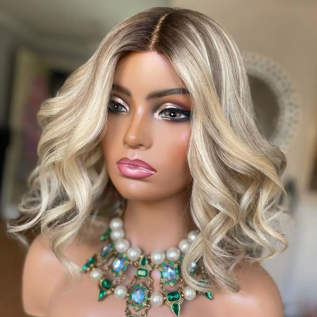 12&rdquo; Creamy Blonde Ombre Wavy Short Bob Wig Melting Roots Premium Virgin Human Hair Wig HD Invisible 13x6 Lace Front 150%