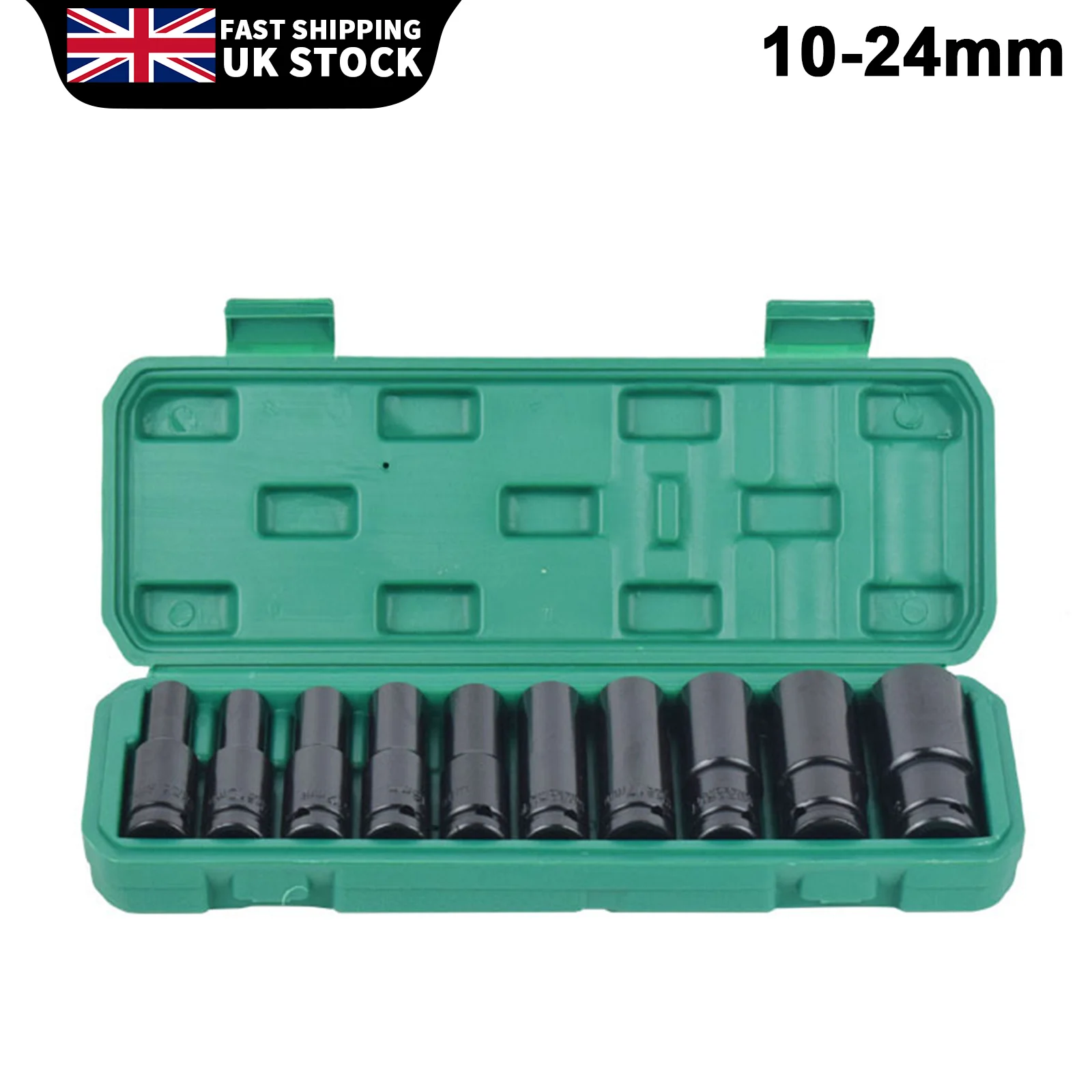 1/2Inch Drive 6-Point Impact Socket Set 10-Piece Metric Sizes 10-24mm Carbon Steel Impact Socket Set with Hard Storage Box