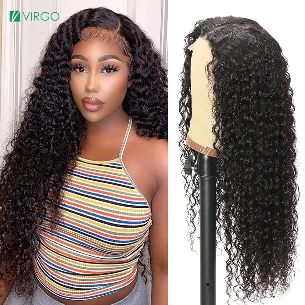 

Virgo 4X4/5X5 Lace Closure Wig Deep Curly Wave Transparent Lace Closure Frontal Wigs For Women Brazilian Pre Plucked 180 Density